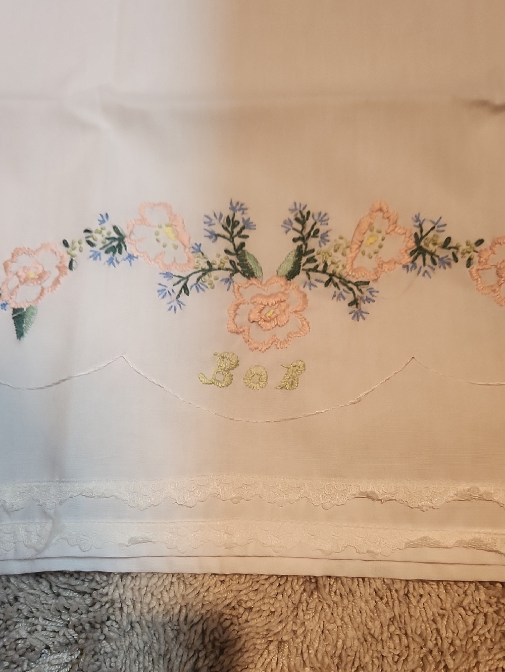 Embroidered Floral Pillowcase - White with Pink & Green Floral Accents Says BOB